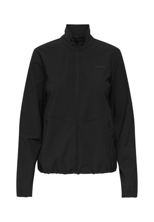 Melna rāvējslēdzēja jaciņa no mīksta, viegla auduma. Aprīkota ar augstu apkakli, elastīgiem aprocēm, divām sānu kabatām un nedaudz savāktu apakšu.