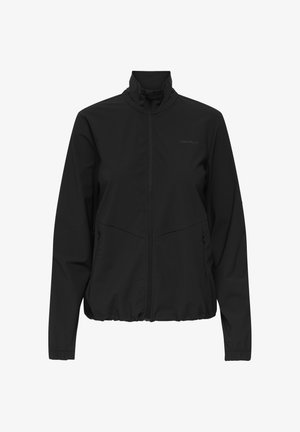 Melna rāvējslēdzēja jaciņa no mīksta, viegla auduma. Aprīkota ar augstu apkakli, elastīgiem aprocēm, divām sānu kabatām un nedaudz savāktu apakšu.