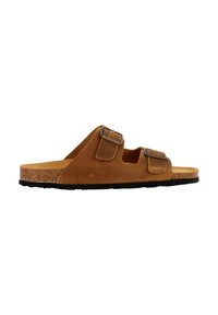 Sandale à plateforme en suède marron avec deux boucles réglables, semelle en liège et semelle en caoutchouc noir ; présente un design ouvert à l'avant.