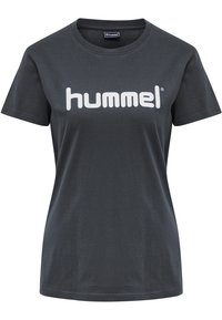 Černé bavlněné tričko s krátkým rukávem a kulatým výstřihem, na přední straně s velkým bílým logem "hummel".