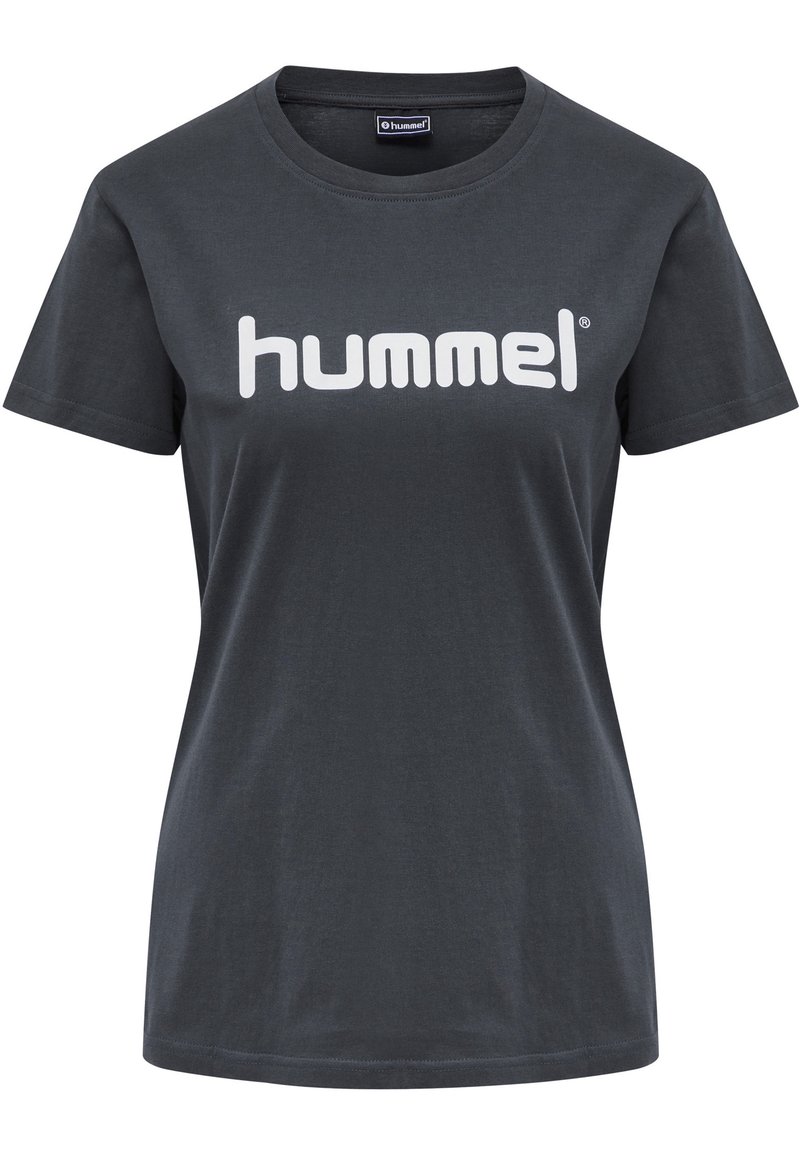 Černé bavlněné tričko s krátkým rukávem a kulatým výstřihem, na přední straně s velkým bílým logem "hummel".