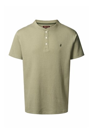 Short-sleeve, henley-style shirt in light green, made of textured fabric with three buttons at the neckline and a small logo detail.