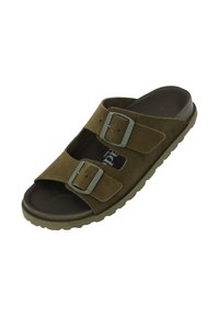 Bruine nubuck slefsandalen met twee verstelbare banden, grijze metalen gespen en een gestructureerde rubberen zool. Minimalistisch ontwerp en open teen stijl.