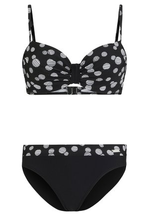 Schwarzes Bikini-Set mit einem gemusterten Oberteil mit weißen Punkten, einem Front-Twist-Design und passendem Unterteil mit einem gepunkteten Taillenbund.