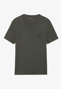 Dark green short-sleeve t-shirt made of textured fabric, featuring a round neckline and a small chest pocket. Simple design with minimal detailing.
