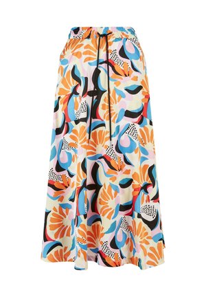 Keskmise pikkusega seelik elastse vöökoha ja musta nööriga, millel on erksad abstraktsed lillemustrid oranži, sinise, roosa, punase ja musta värviga.