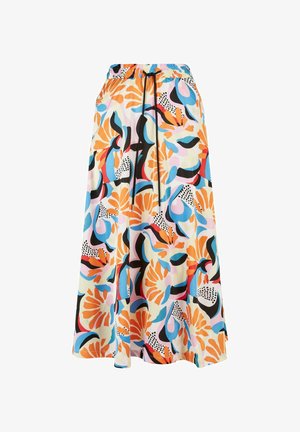 Midilengde skjørt med elastisk midjebånd og svart snor, med livlig abstrakt blomsterstoff i oransje, blått, rosa, rødt og svart.