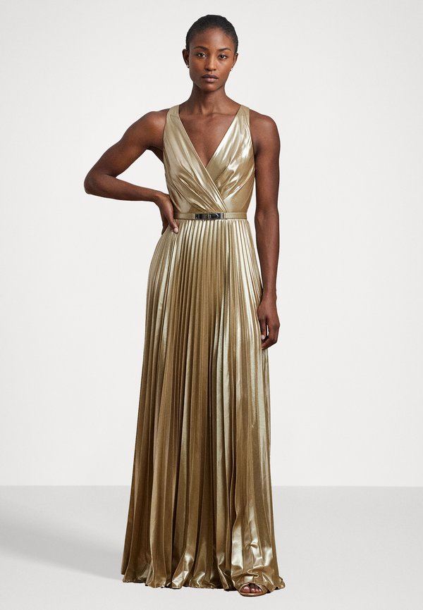 JARIETA BELTED METALLIC CHIFFON SURPLICE GOWN - Occasion wear - gold foil4