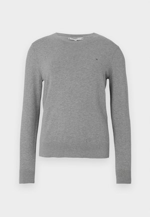 Gray knitted sweater with long sleeves, rounded neck, ribbed cuffs, and hem. Features a small embroidered logo on the chest.