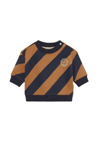 Sweter dla malucha w szerokie ukośne paski w kolorze granatowym i brązowym, z prążkowanymi mankietami i dołem, oraz małym emblematem psa na klatce piersiowej z napem blisko kołnierza.