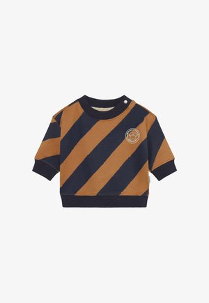 Kleinkindpullover mit breiten diagonalen Streifen in Marineblau und Braun, gerippten Bündchen und Saum sowie einem kleinen Hundemblem auf der Brust und einem Druckknopf am Kragen.