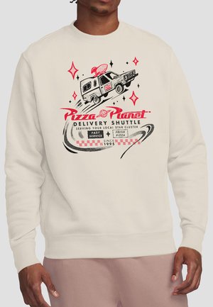 Beige sweatshirt with red and black graphic of a pizza delivery truck and text "Pizza Planet Delivery Shuttle, fast service, fresh pizza, since 1995."