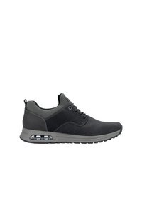 Black athletic shoe with lace-up design, textured gray accents, a padded collar, and a visible air cushion in the midsole.