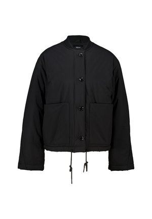 Black cropped jacket made of padded fabric, featuring a round neckline, front buttons, two large pockets, and adjustable drawstring at the hem.