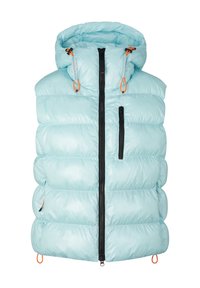 Světle modrá zateplená vesta s kapucí, černým zipem, dvěma bočními kapsami a oranžovými akcenty na tazích. Hladká textura.