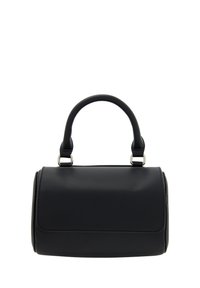 Sort læderhåndtaske med en rund form, kort håndtag, synlige sømme og sølvhardware. Glat tekstur med minimal detailing.