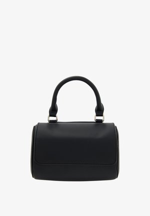 Geantă de mână din piele neagră, cu o formă rotundă, mânere scurte, cusături vizibile și accesorii din argint. Textură netedă, cu detalii minime.