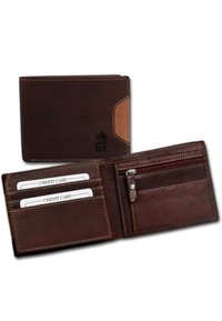 Brown leather wallet featuring a smooth texture, contrast tan accent, multiple card slots, a zippered coin pocket, and stitched edges.
