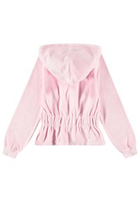 Sweatshirt rosa com cintura ajustada, mangas longas e capuz com cordão. Feito de um tecido macio com uma textura suave, sem padrões ou detalhes.