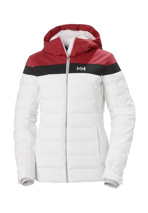 Chaqueta acolchada aislante, blanca con franjas horizontales rojas y negras. Presenta un cierre frontal con cremallera, capucha y textura acolchada. Logotipo en el pecho.