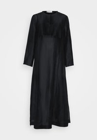 Vestido negro de manga larga en tela ligera con corte recto y escote redondo. Presenta un cuerpo plisado y aberturas laterales para mayor comodidad.