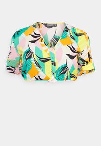 Blusa cropped de manga curta com um vibrante padrão abstrato multicolorido. Feita de um tecido suave, possui decote redondo e detalhes em botão.