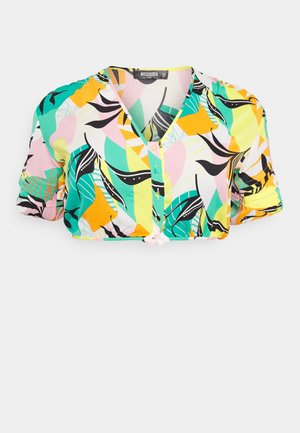 Blusa cropped de manga curta com um vibrante padrão abstrato multicolorido. Feita de um tecido suave, possui decote redondo e detalhes em botão.