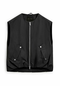 Veste noire sans manches avec fermeture éclair à l'avant et deux poches à rabat inclinées sécurisées par des boutons-pression métalliques.