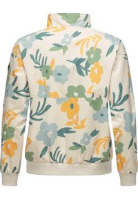 Blommönstrad jacka i krämfärg, med gröna, gula och blå blommor. Elastiska ärmslut och nederkant, med en hög krage.