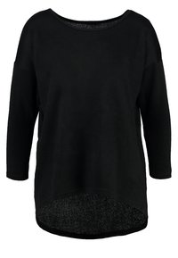 Svart långärmad topp med vid halsringning, med en texturerad nederkant och en avslappnad passform. Slätt tyg med en mjuk yta.