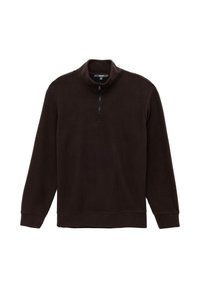 Brauner Reißverschluss-Pullover mit gerippter Textur, hohem Kragen, langen Ärmeln und einem Viertelreißverschluss. Einfaches Design ohne zusätzliche Muster oder Akzente.