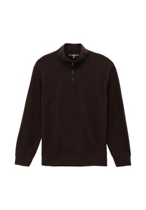Bruine rits-hoodie met een geribbelde textuur, hoge kraag, lange mouwen en een kwart rits. Eenvoudig ontwerp zonder extra patronen of accenten.