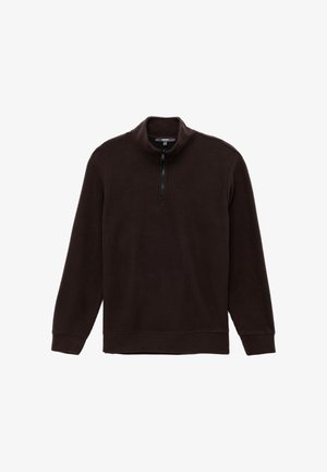 Bruine rits-hoodie met een geribbelde textuur, hoge kraag, lange mouwen en een kwart rits. Eenvoudig ontwerp zonder extra patronen of accenten.
