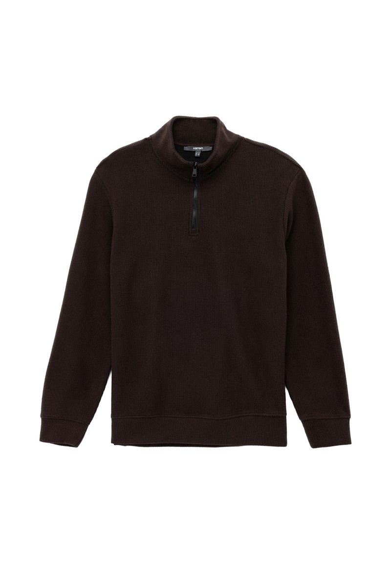 Brauner Reißverschluss-Pullover mit gerippter Textur, hohem Kragen, langen Ärmeln und einem Viertelreißverschluss. Einfaches Design ohne zusätzliche Muster oder Akzente.
