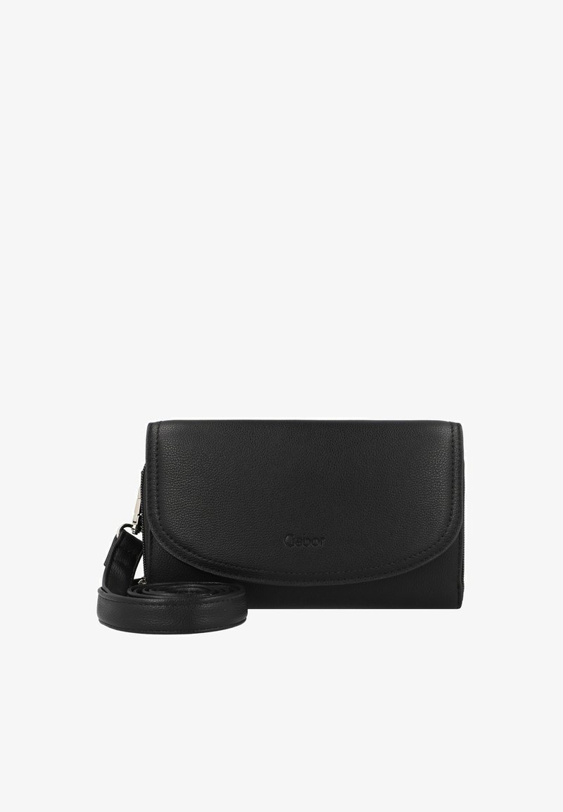 Billetera de cuero negro con cierre de solapa curva, logotipo en relieve y correa desmontable. Presenta una textura suave y un diseño compacto.