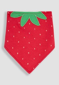 Czerwona śliniak w stylu bandany z białymi groszkami i zieloną haftowaną liściastą ozdobą. Miękka tkanina, trójkątny kształt, odpowiedni dla niemowląt.