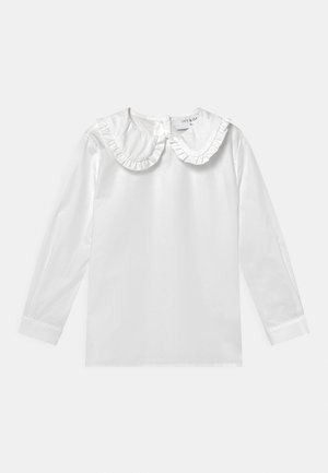 Witte blouse met lange mouwen en een gerimpelde kraag, gemaakt van gladde stof. Heeft een knoopsluiting aan de achterkant en gestructureerde manchetten.