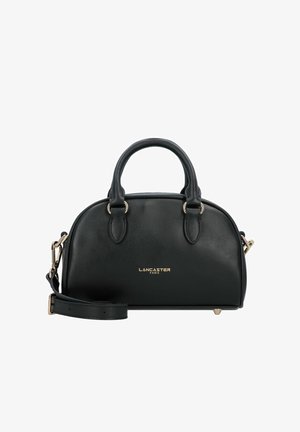 Sac à main en cuir noir de forme arrondie, avec double anses supérieures et bandoulière amovible. Il présente un logo en or et des accents en métal doré.