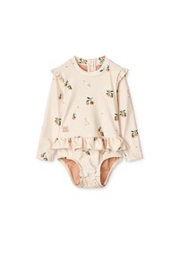 Maillot de bain à manches longues couleur pêche claire avec manches volantées, orné d'un motif de fruits et d'une taille à volants. Comprend une fermeture pressionnée à l'entrejambe.