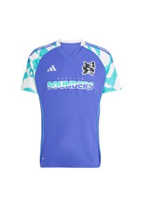Seattle Sounders fodboldtrøje i blå med mønstrede ærmer i teal og hvid samt et spækhugger-logo, der holder en fodbold.