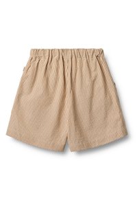 Shorts rayés beige avec une taille élastique, dotés de poches latérales et d'une coupe décontractée. Fabriqués en tissu léger, adaptés aux temps chauds.