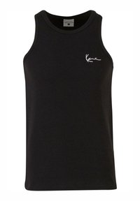 Schwarzes Tanktop mit gerippter Struktur, runder Ausschnitt und weißer Logo-Stickerei auf der linken Brust. Leichtes Material.