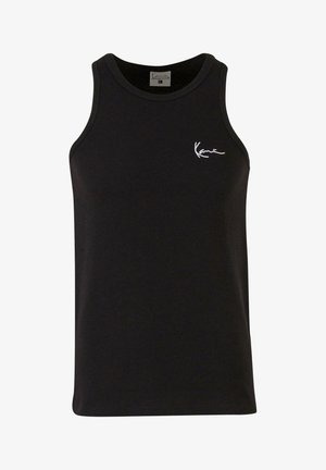 Black tank top with a ribbed texture, round neckline, and white logo embroidery on the left chest. Lightweight fabric.