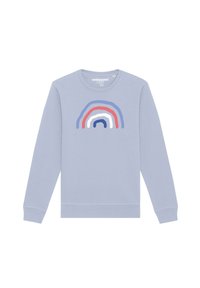 Lichtblauwe sweatshirt met lange mouwen, met een meerkleurige regenboogafbeelding in zachte tinten. Ronde halslijn en geribbelde manchetten.