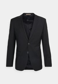 Zwart op maat gemaakte blazer met een enkelvoudige knoopsluiting, klepzakken, twee knopen en een satijnen voering. Zachte textuur met een klassieke pasvorm.