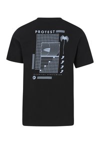 Schwarzes T-Shirt mit einem blauen Grafikdesign, das geometrische Muster, eine Palme sowie den Text "PROTEST" und "TECHNISCHE SPORTBEKLEIDUNG" darunter zeigt.