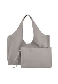 Szürke bőr tote táska hobo dizájnnal, nagy központi nyílással és levehető cipzáras tasakkal. Simább textúra, minimalista stílus.