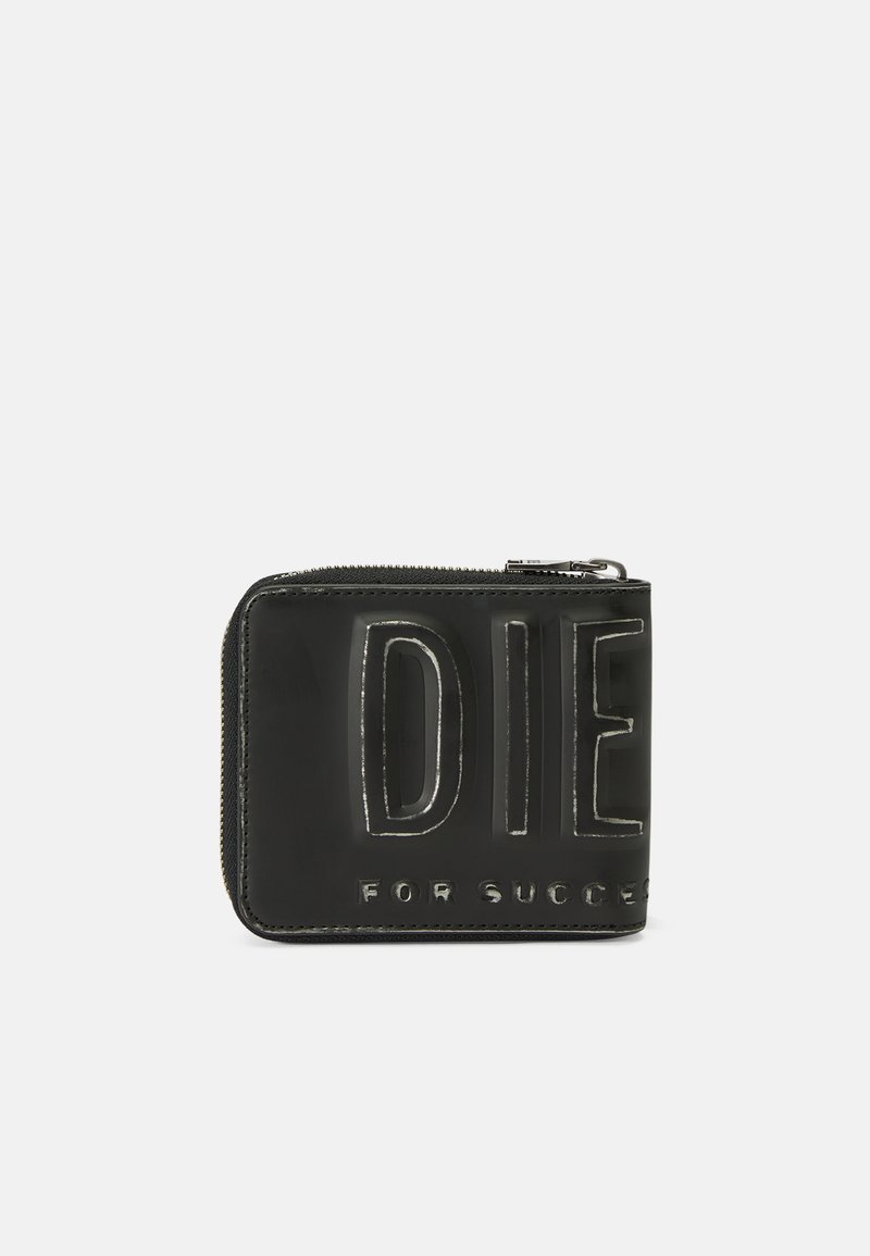 Black leather wallet with embossed text “DIE FOR SUCCESS.” Features a zip closure and a smooth, glossy finish. Compact rectangular shape.