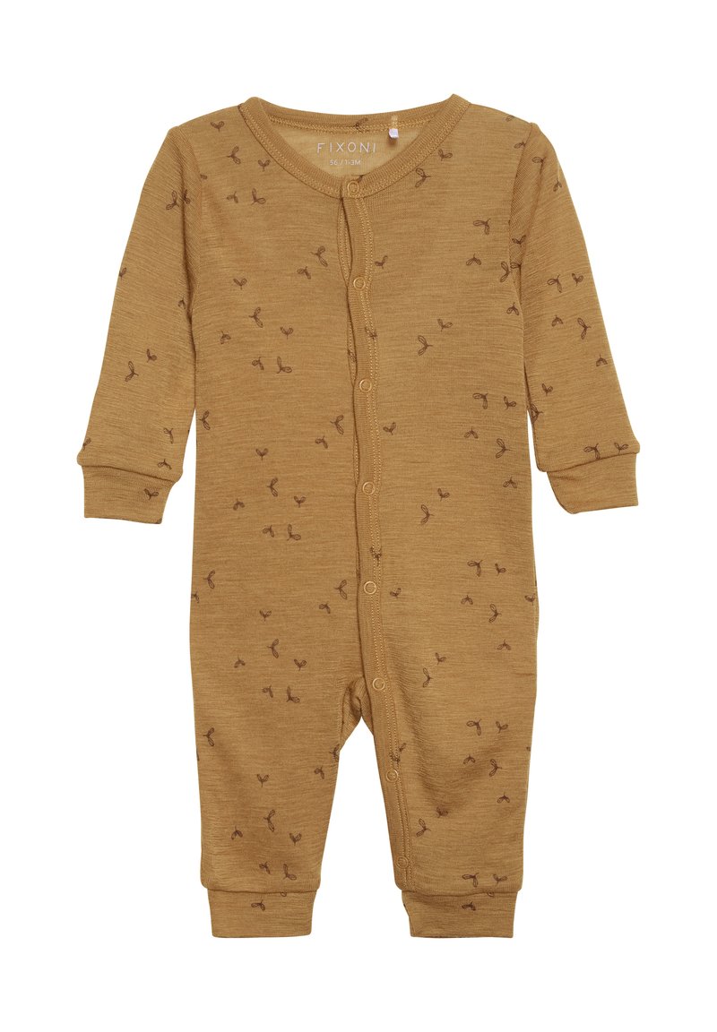 Un combishort en coton marron avec des manches longues, présentant une fermeture à boutons sur le devant et un motif de petites feuilles marron foncé répété sur toute la surface.
