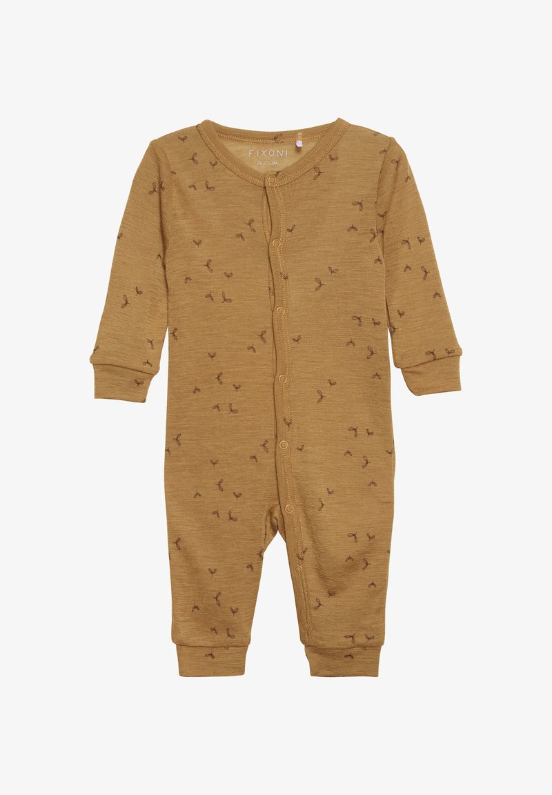 Bruin katoenen romper met lange mouwen, voorzien van een knoopsluiting aan de voorkant en een herhaald klein donkerbruin bladerenpatroon doorheen.